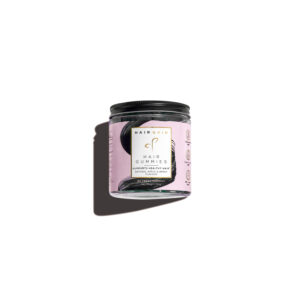 Hair Gain Hair Gummies in pink and black packaging